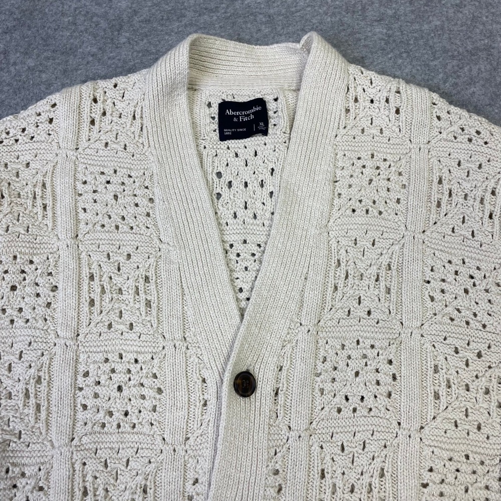 Abercrombie & Fitch Mens XL Crochet Cardigan Sweater Cream White Button Front
